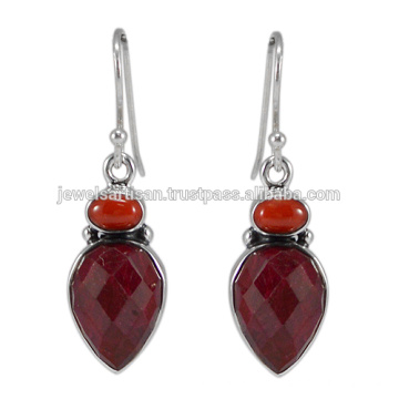 Lovely Corundum And Coral Gemstone 925 Sterling Silver Earring Jewelry